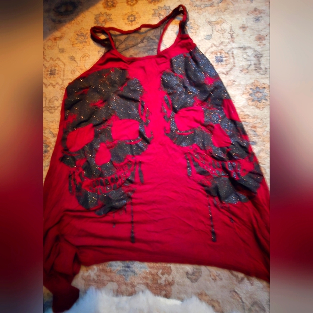 Red and Black Women's Top with Skull Design